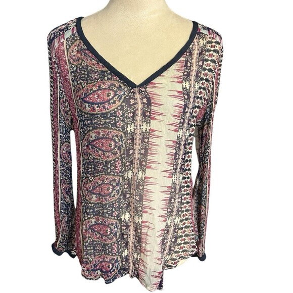 Lucky Brand Womens Concord Paisley Boho Gypsy Sheer V Neck Blouse Sz S ? - Picture 2 of 8